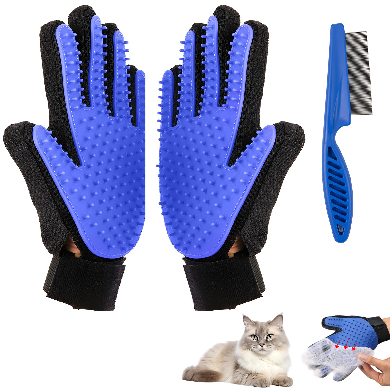 “Gants de toilettage bleu pour animaux — brosse pour enlever les poils de chat et de chien avec effet massage”