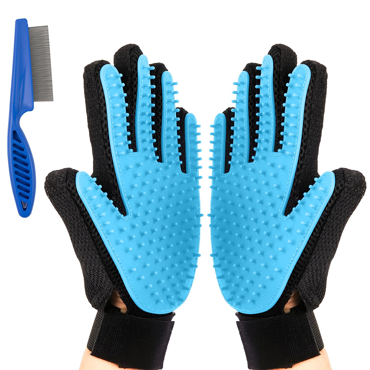 “Gants de toilettage bleu pour animaux — brosse pour enlever les poils de chat et de chien avec effet massage”