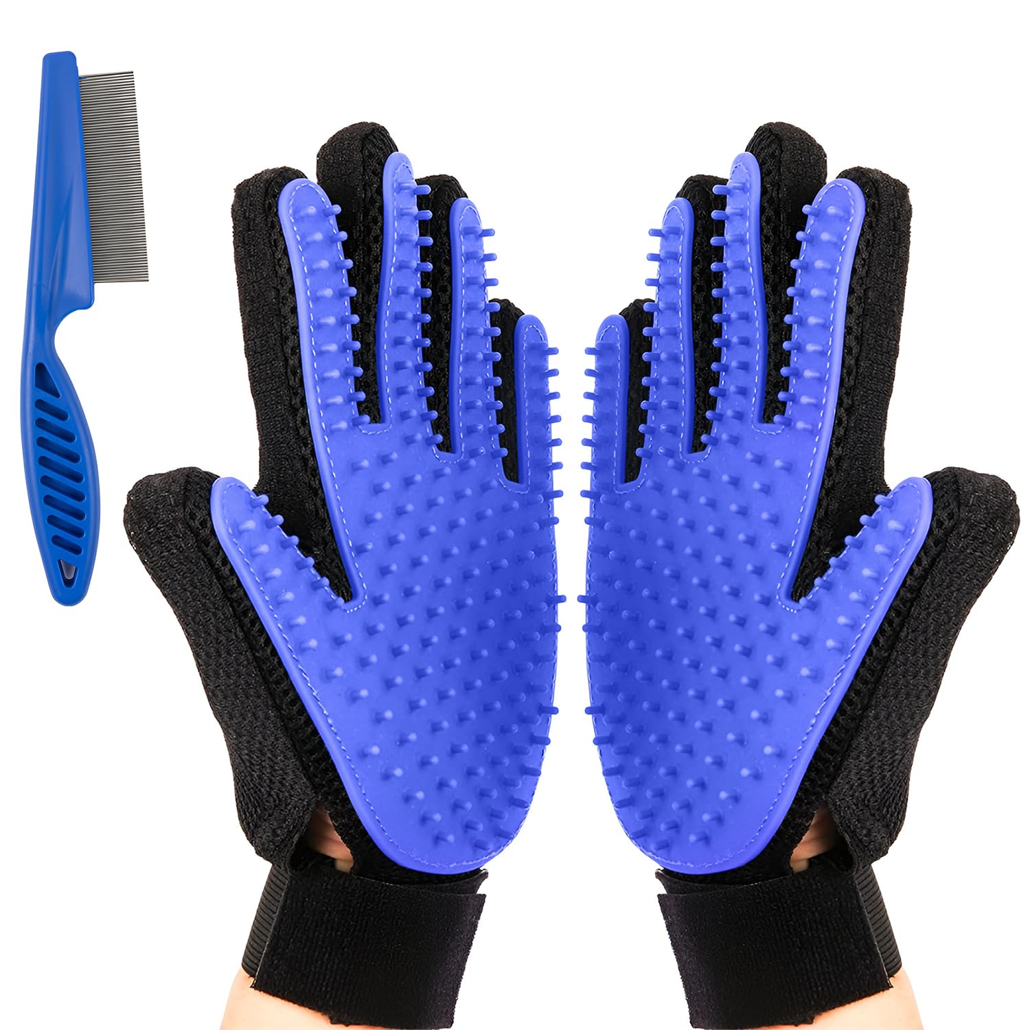 “Gants de toilettage bleu pour animaux — brosse pour enlever les poils de chat et de chien avec effet massage”