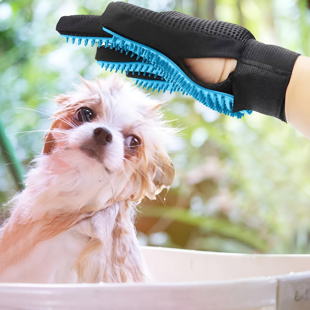 “Gants de toilettage bleu pour animaux — brosse pour enlever les poils de chat et de chien avec effet massage”