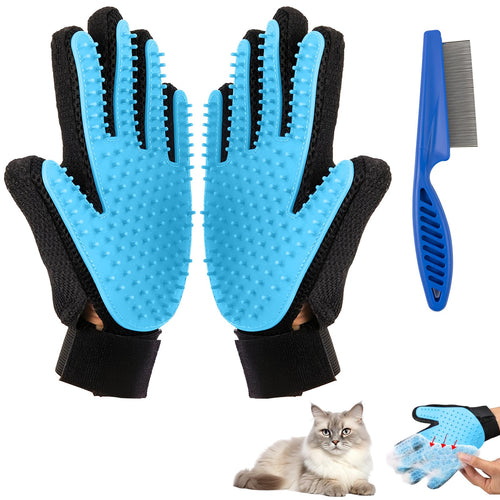 “Gants de toilettage bleu pour animaux — brosse pour enlever les poils de chat et de chien avec effet massage”